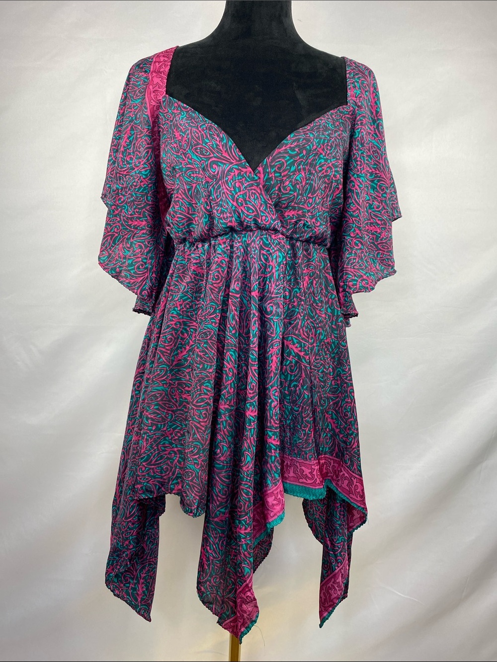 Jedzebel Silk Blend Handkerchief Hem Mini Dress Boho Flutter Sleeve Smocked OS